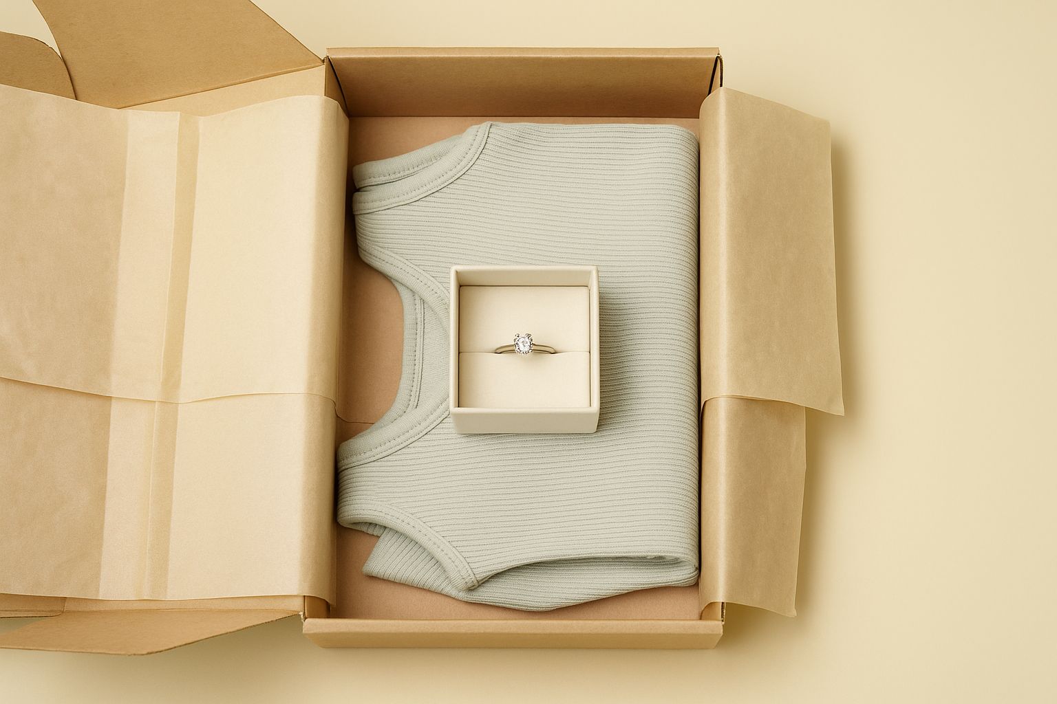 Färgglada, slipade ädelstenar inslagna i vitt silkespapper på en beige bakgrund.