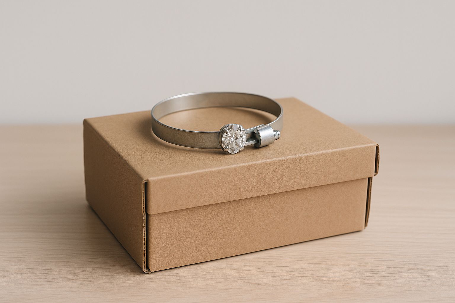 Armband med diamantliknande sten på en brun kartong.
