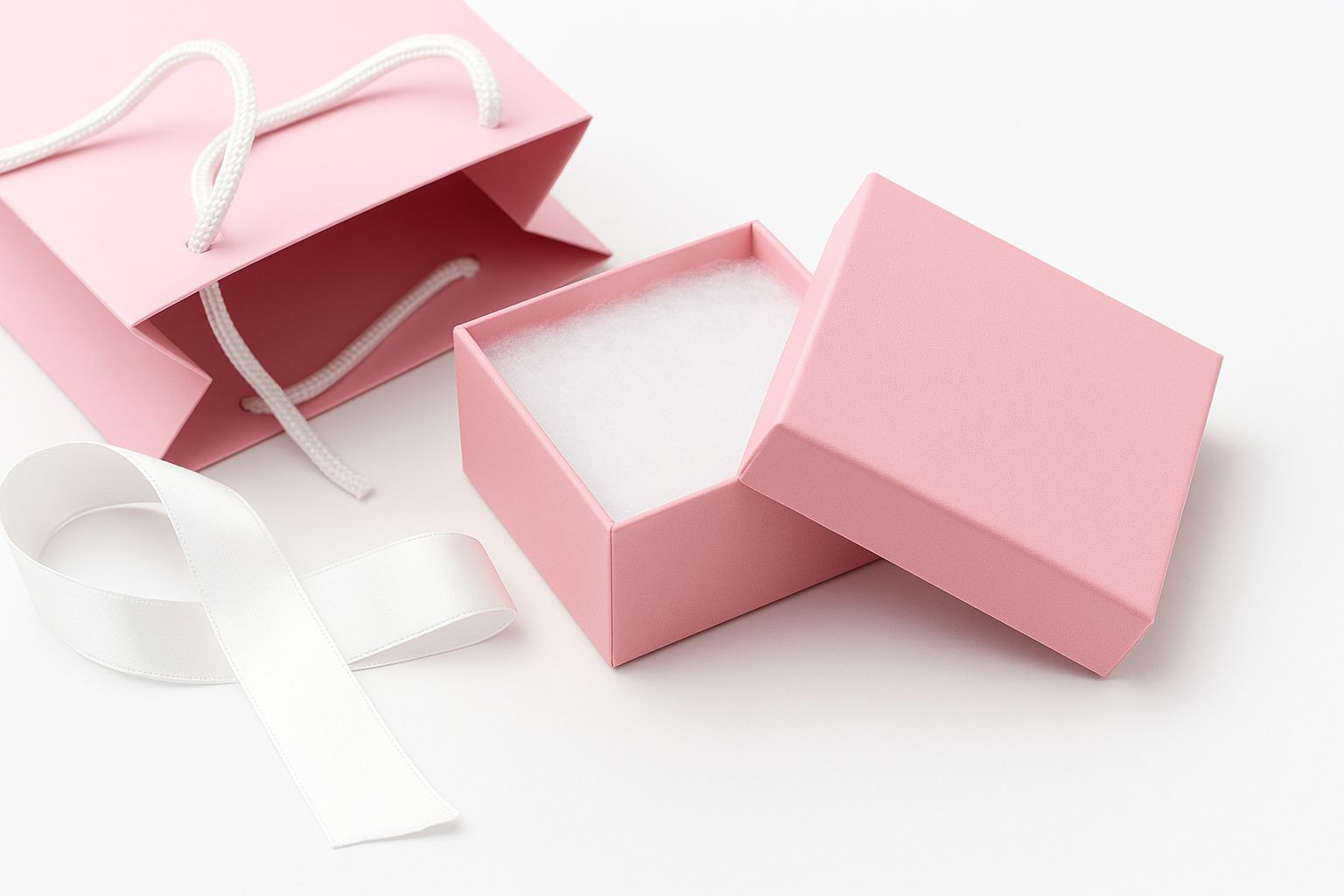 Rosa presentförpackning för smycken med öppen låda och vitt band.